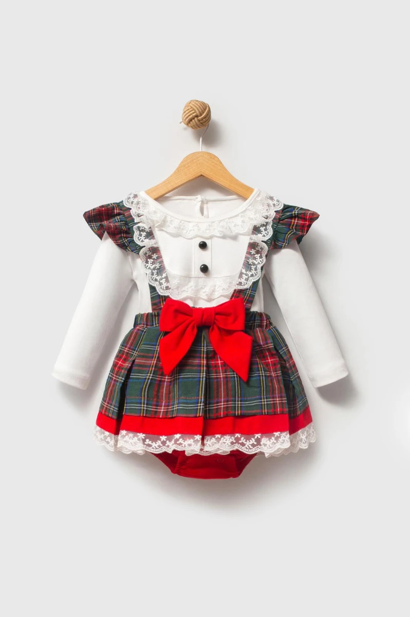 AYLA Ekose Desenli Yılbaşı Kız Bebek Elbise - YEŞİL