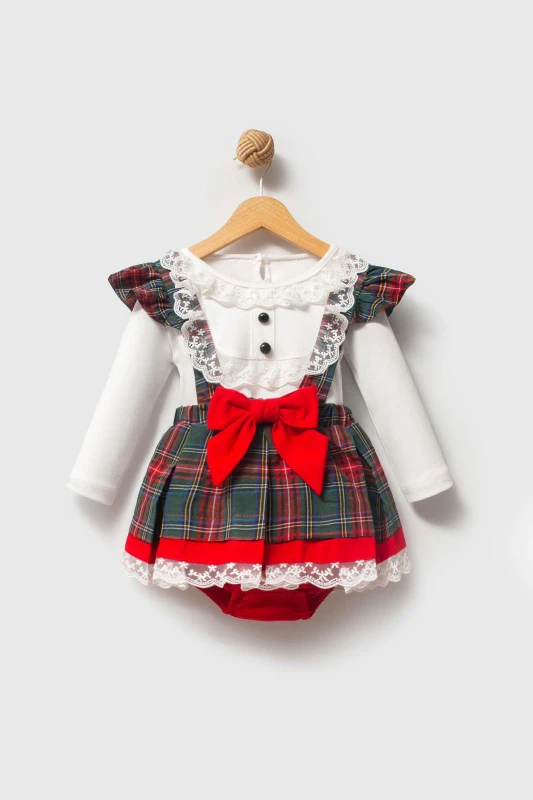 AYLA Ekose Desenli Yılbaşı Kız Bebek Elbise - YEŞİL