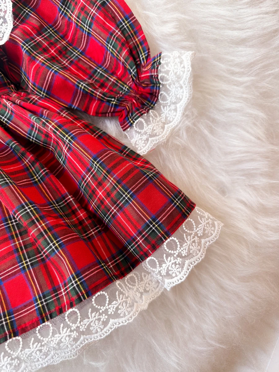 ALESSİ Kız Çocuk Yılbaşı Uzun Kol Tütü Prenses Ekoseli Vintage Elbise  - KIRMIZI