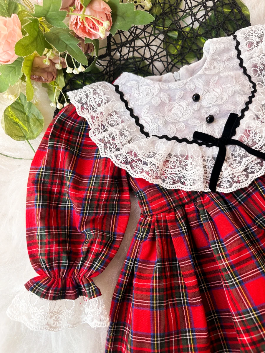 ALESSİ Kız Çocuk Yılbaşı Uzun Kol Tütü Prenses Ekoseli Vintage Elbise  - KIRMIZI