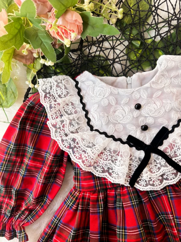 ALESSİ Kız Çocuk Yılbaşı Uzun Kol Tütü Prenses Ekoseli Vintage Elbise  - KIRMIZI