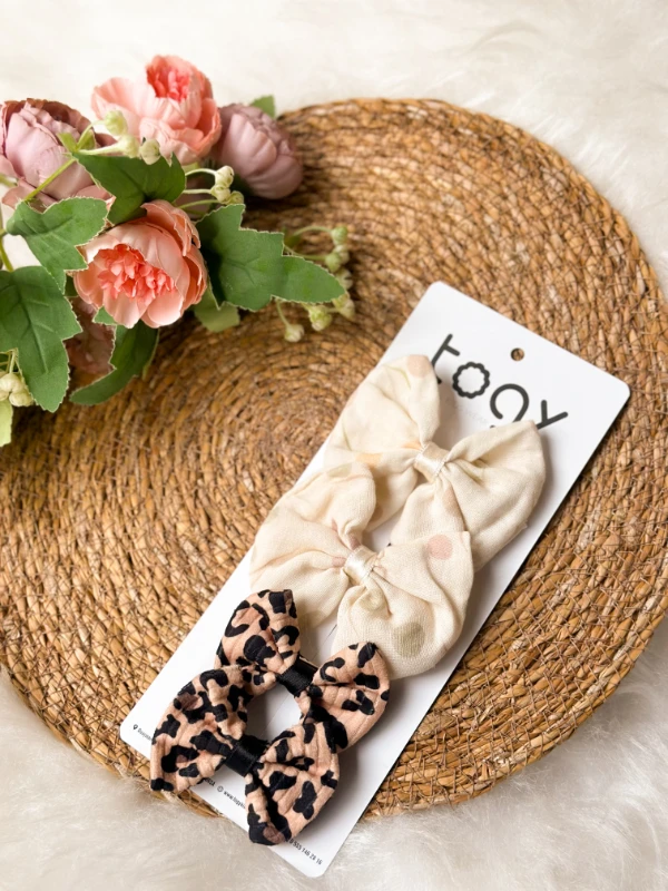 Leopar Desenli ve Puantiyeli Fiyonk Kız Çocuk Bebek Toka Seti  - KREM