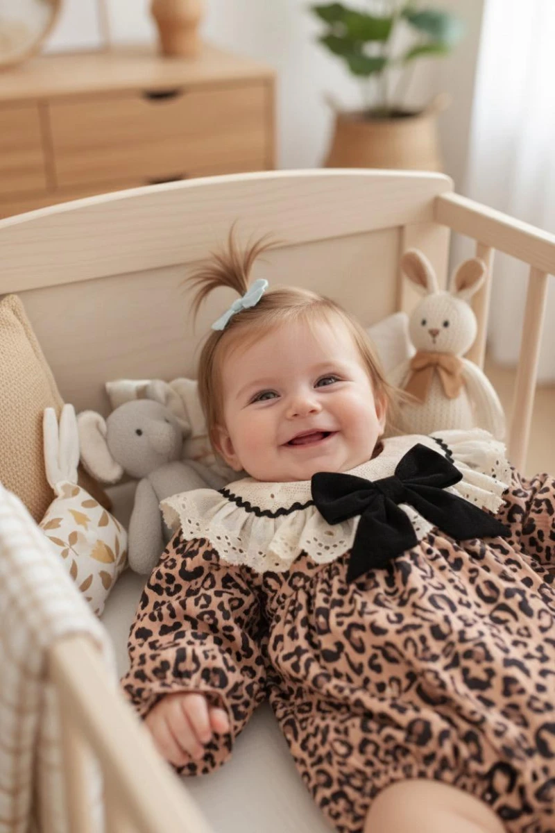 AMELIA Leopar Desenli Dantel Yaka Detaylı Fiyonklu Kız Bebek Çocuk Romper  - KAHVERENGİ