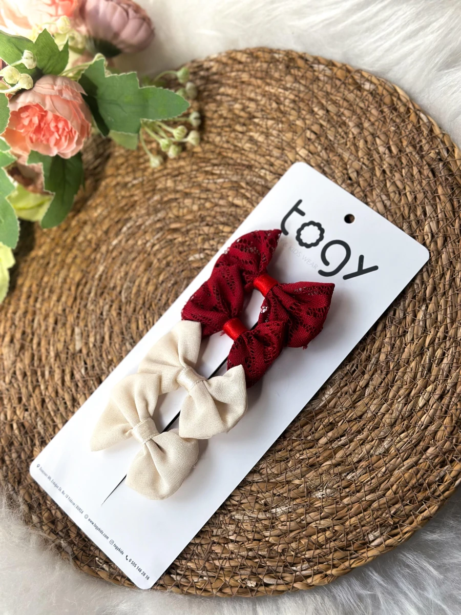 Kırmızı Dantel Desenli ve Ekru Kız Çocuk Bebek Toka Seti  - KIRMIZI