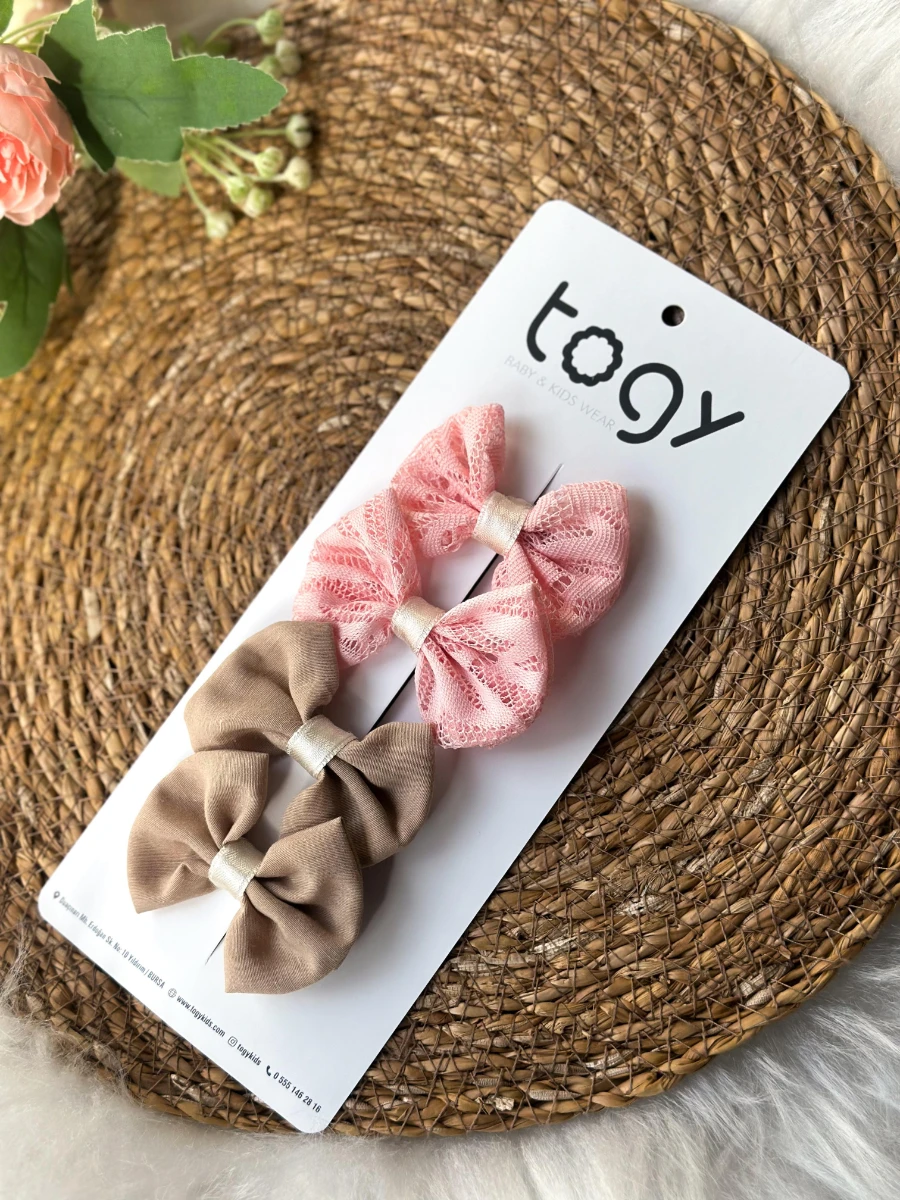 Pembe Dantel Detaylı Ve Kahverengi Kız Çocuk Bebek Toka Seti - PEMBE