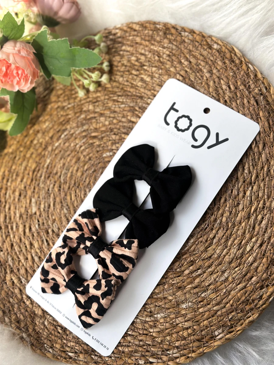 Siyah Fiyonk ve Leopar Desenli Kız Çocuk Bebek Toka Seti - SİYAH