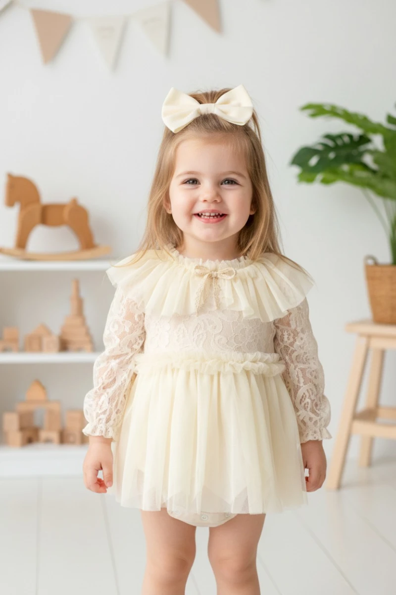 CORA Romper Tütülü Özel Gün  Uzun Kollu Kız Bebek Elbise  - EKRU