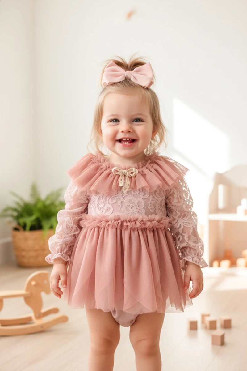 CORA Romper Tütülü Özel Gün  Uzun Kollu Kız Bebek Elbise  - ROSE