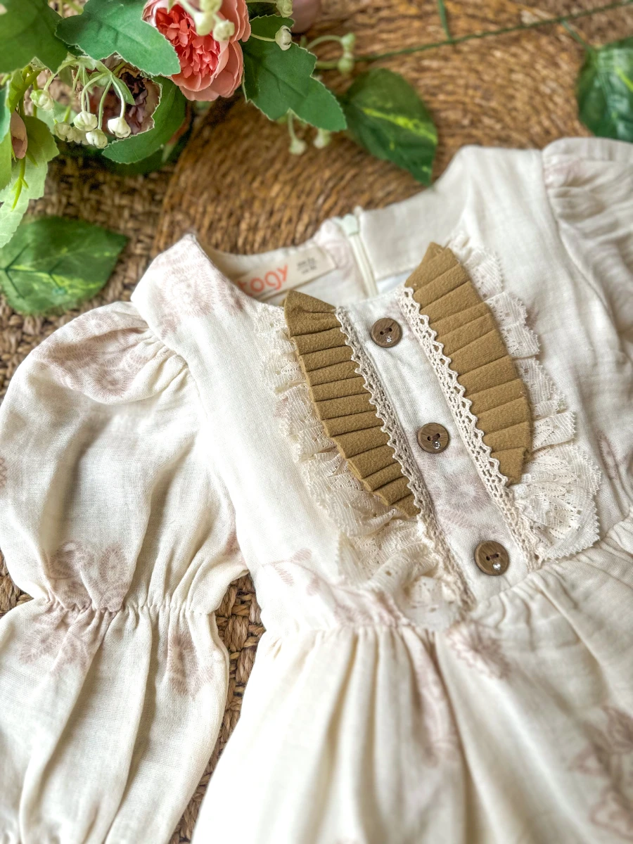 MIRA Uzun Kollu Yaka Detaylı Kız Çocuk Bayramlık Özel Gün Elbisesi  - KREM