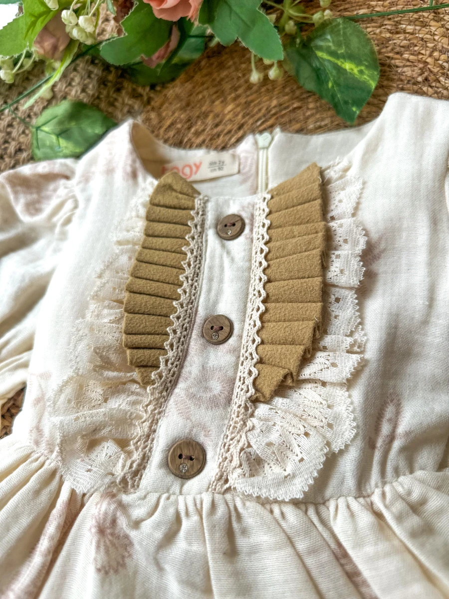 MIRA Uzun Kollu Yaka Detaylı Kız Çocuk Bayramlık Özel Gün Elbisesi  - KREM