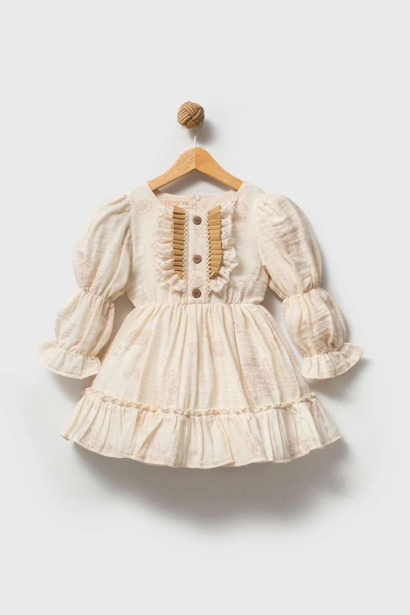 MIRA Uzun Kollu Yaka Detaylı Kız Çocuk Bayramlık Özel Gün Elbisesi  - KREM