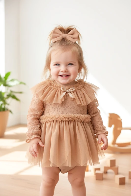CORA Romper Tütülü Özel Gün  Uzun Kollu Kız Bebek Elbise  - BEJ
