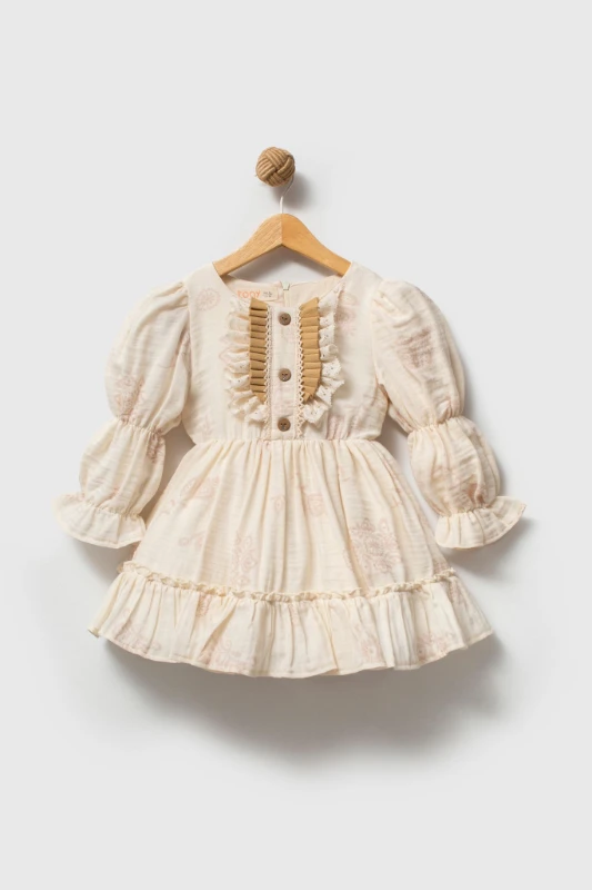 MIRA Uzun Kollu Yaka Detaylı Kız Çocuk Bayramlık Özel Gün Elbisesi  - KREM