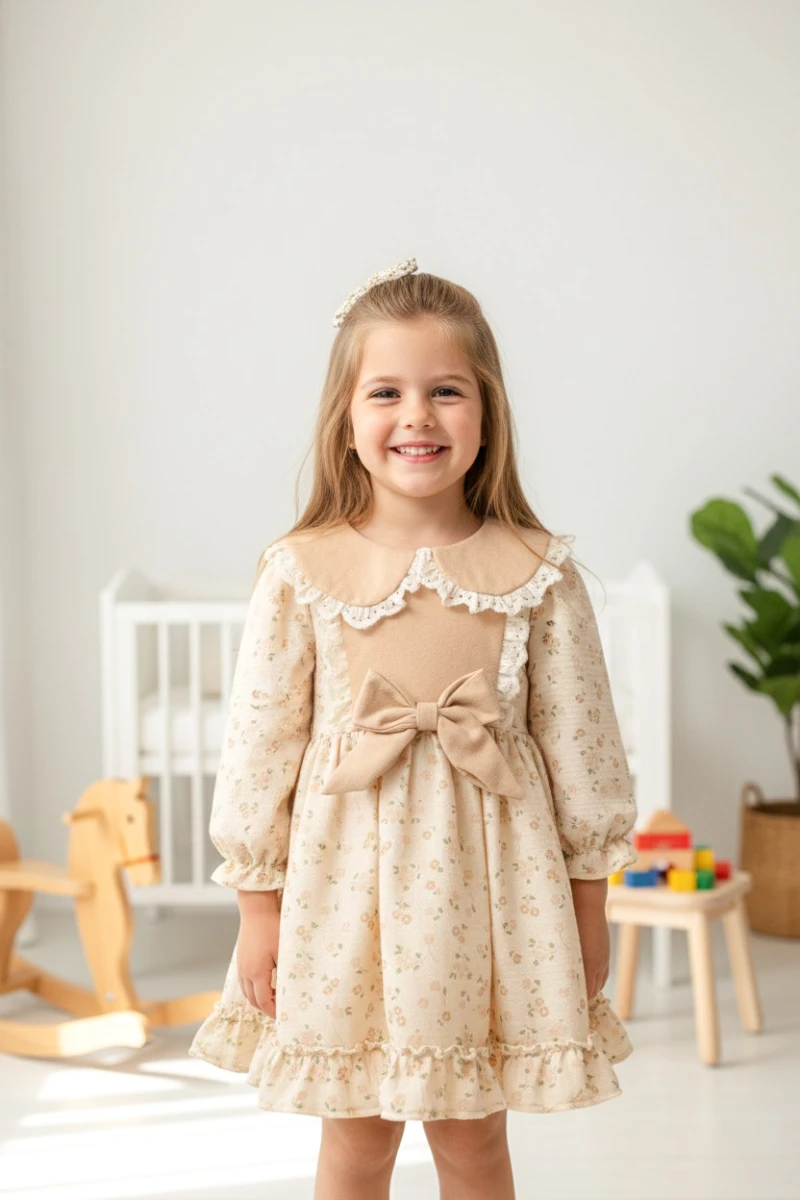 SANABEL Dantel Yaka Detaylı Fırfır Etekli Uzun Kollu Kız Çocuk Bayramlık Özel Gün Elbise - BEJ
