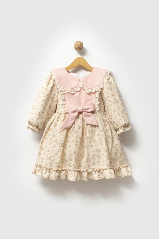 SANABEL Dantel Yaka Detaylı Fırfır Etekli Uzun Kollu Kız Çocuk Bayramlık Özel Gün Elbise - PUDRA