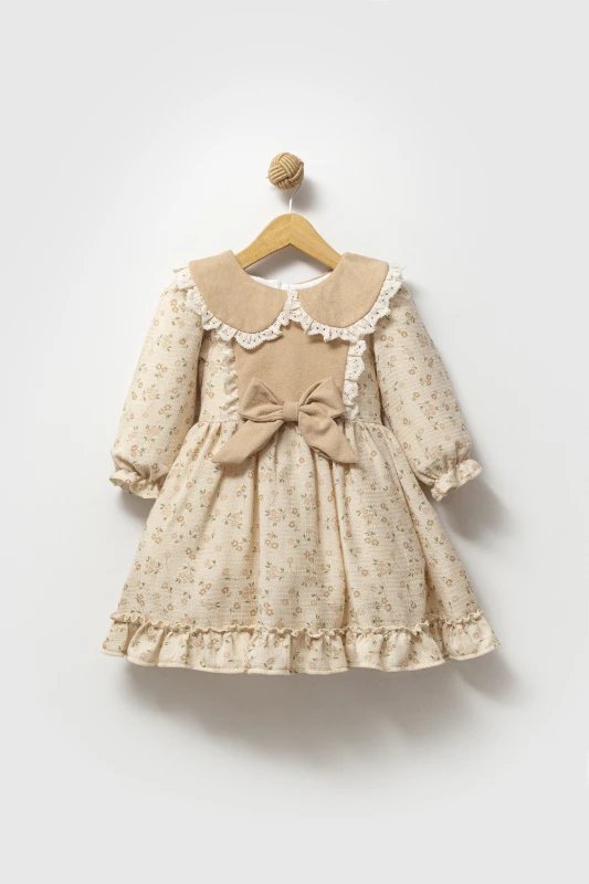 SANABEL Dantel Yaka Detaylı Fırfır Etekli Uzun Kollu Kız Çocuk Bayramlık Özel Gün Elbise - BEJ