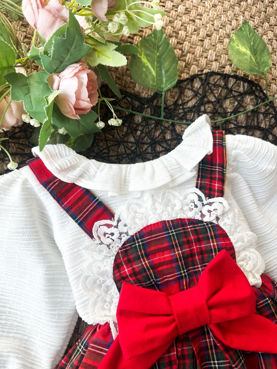 BELİNAY Kız Çocuk Yılbaşı Uzun Kol Tütü Prenses Ekoseli Vintage Elbise  - KIRMIZI