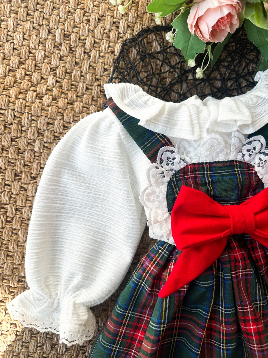 BELİNAY Kız Çocuk Yılbaşı Uzun Kol Tütü Prenses Ekoseli Vintage Elbise  - YEŞİL