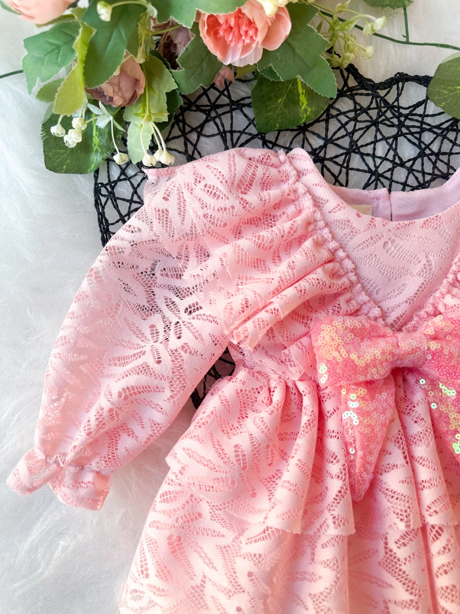 LOLA Kız Bebek  Dantel Detaylı Uzun Kollu Özel Gün Bayramlık Abiye Elbise - PUDRA