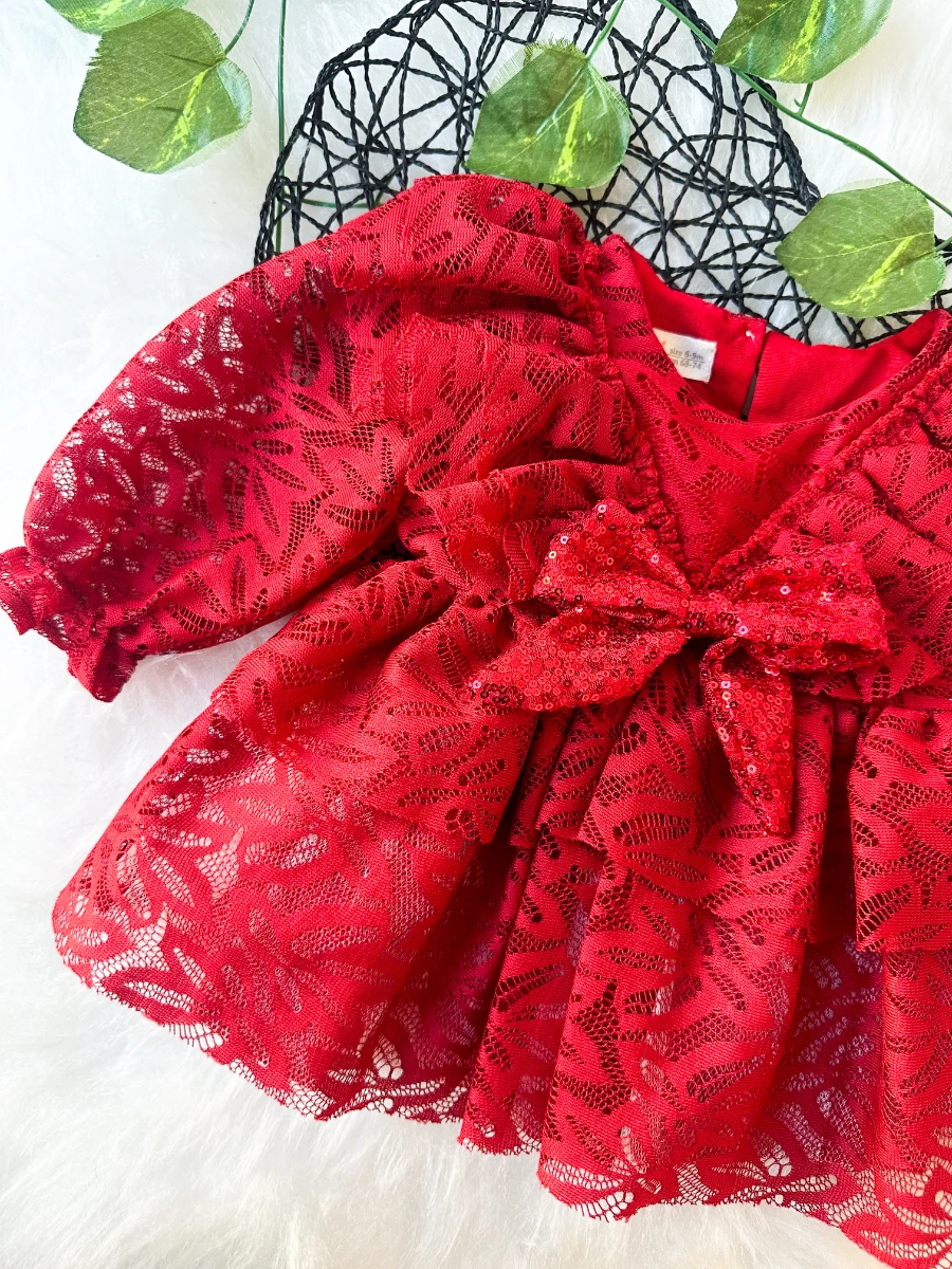 LOLA Kız Bebek  Dantel Detaylı Uzun Kollu Özel Gün Bayramlık Abiye Elbise - KIRMIZI