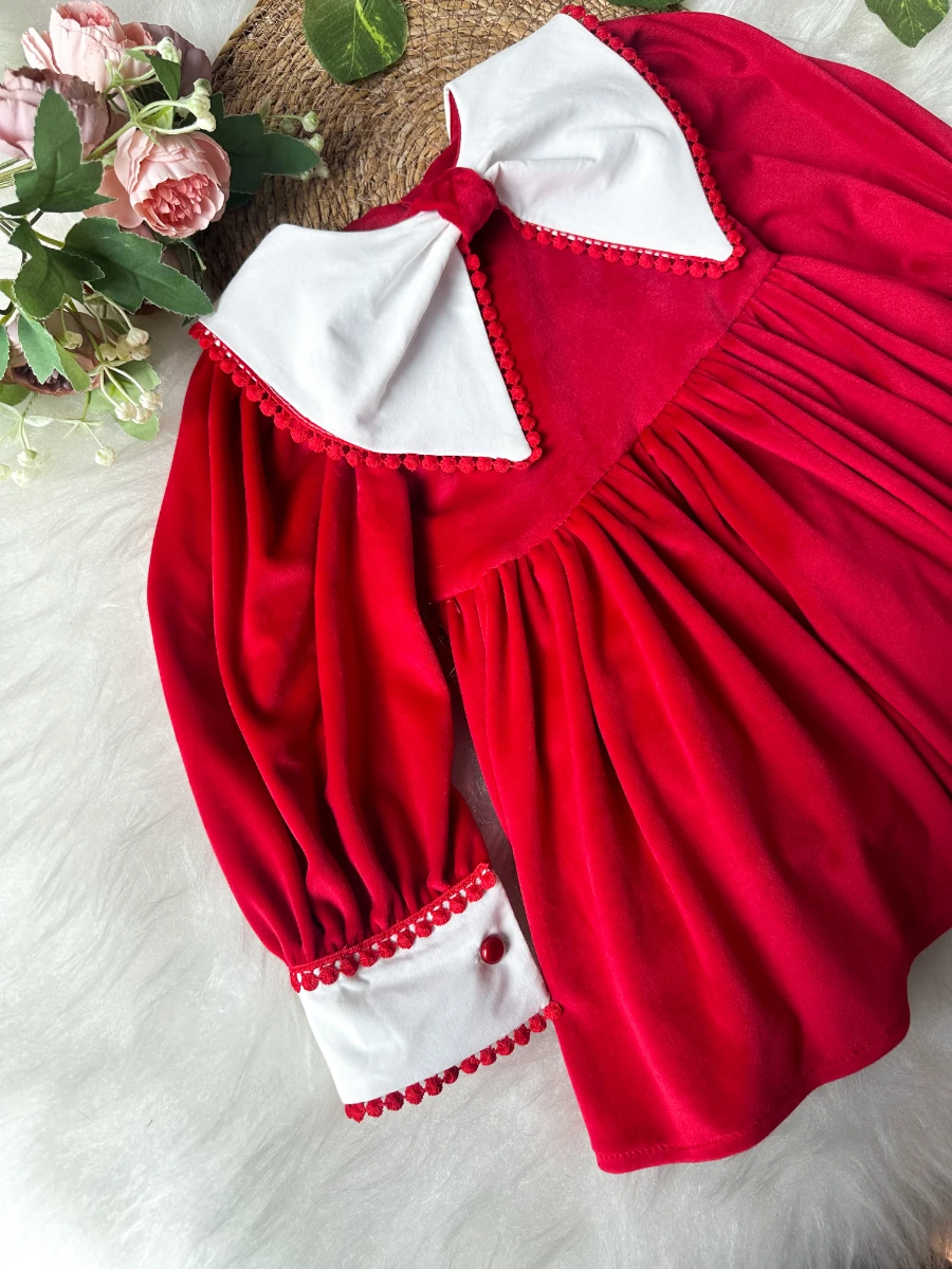 PATRICIA Kırmızı Kadife Beyaz Yakalı Uzun Kollu Özel Gün Bayramlık Kız Çocuk Elbise - KIRMIZI