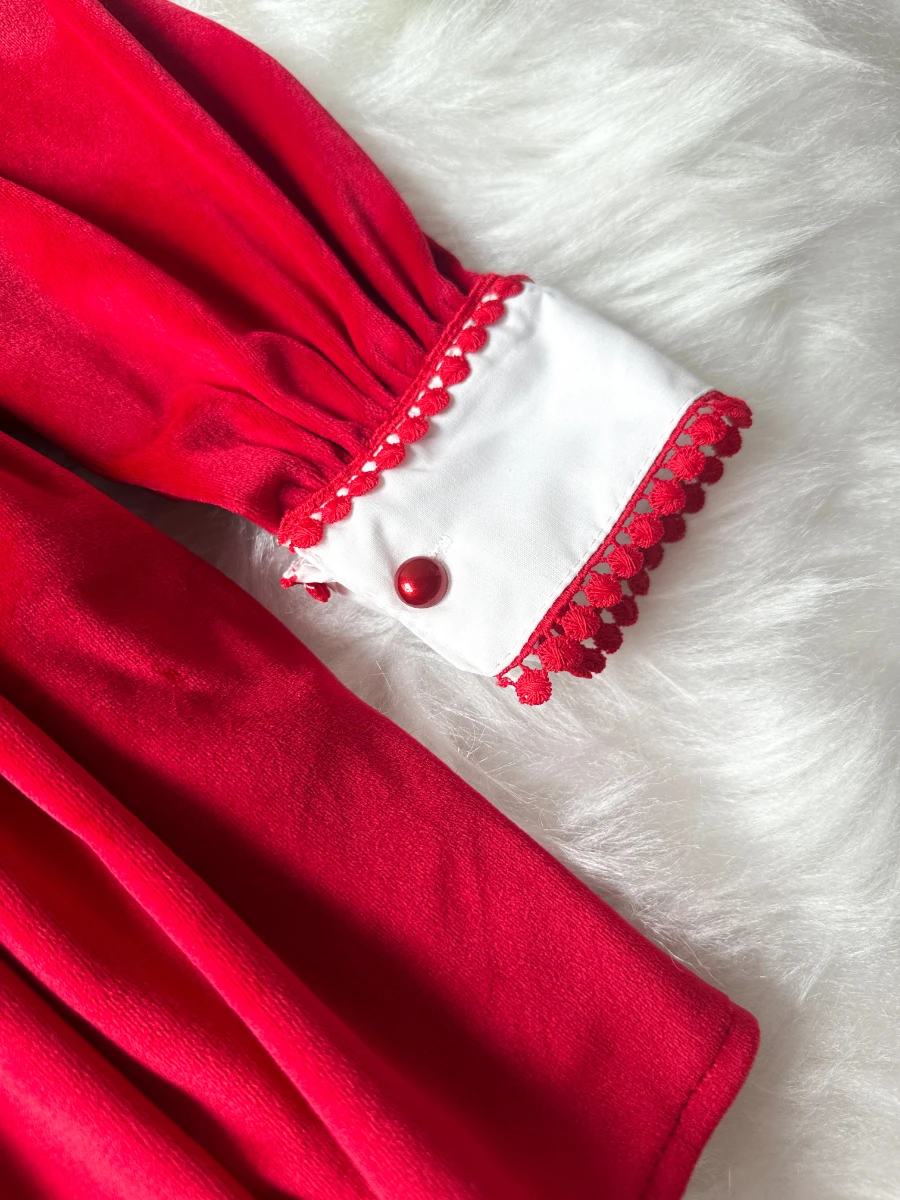 PATRICIA Kırmızı Kadife Beyaz Yakalı Uzun Kollu Özel Gün Bayramlık Kız Çocuk Elbise - KIRMIZI