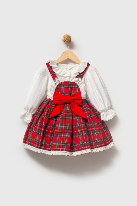 BELİNAY Kız Çocuk Yılbaşı Uzun Kol Tütü Prenses Ekoseli Vintage Elbise  - KIRMIZI