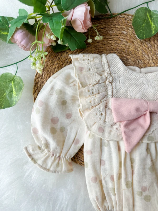 GALE Uzun Kollu Dantel Detaylı Özel Gün Bayramlık Kız Bebek Romper - PUDRA