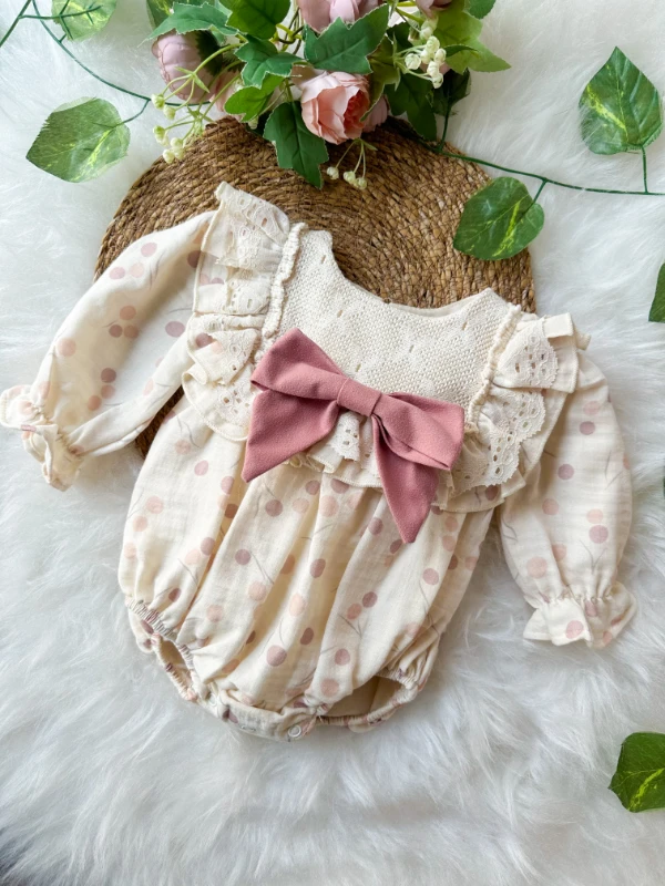 GALE Uzun Kollu Dantel Detaylı Özel Gün Bayramlık Kız Bebek Romper - GÜL KURUSU