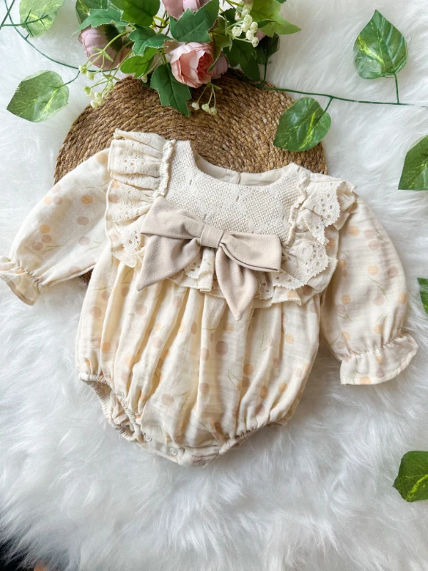 GALE Uzun Kollu Dantel Detaylı Özel Gün Bayramlık Kız Bebek Romper - BEJ