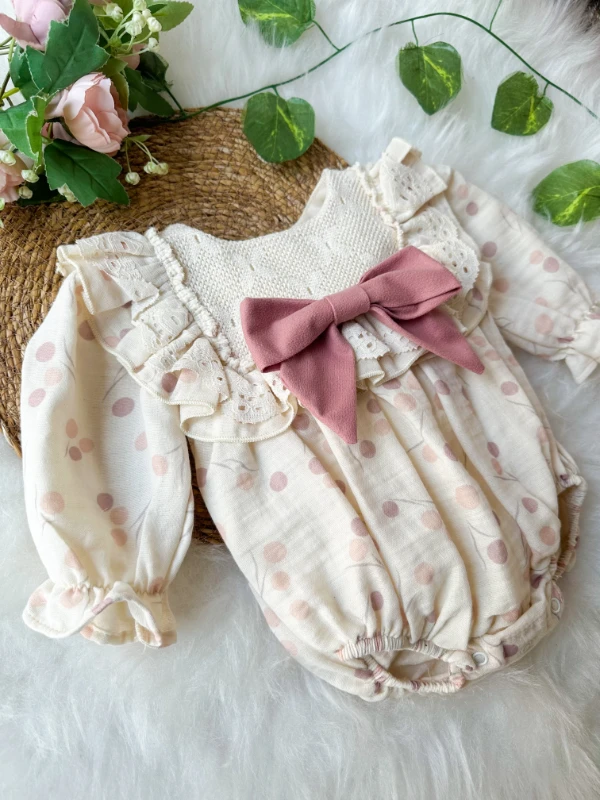 GALE Uzun Kollu Dantel Detaylı Özel Gün Bayramlık Kız Bebek Romper - GÜL KURUSU