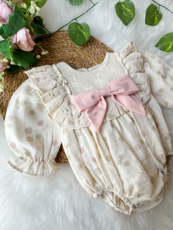 GALE Uzun Kollu Dantel Detaylı Özel Gün Bayramlık Kız Bebek Romper - PUDRA