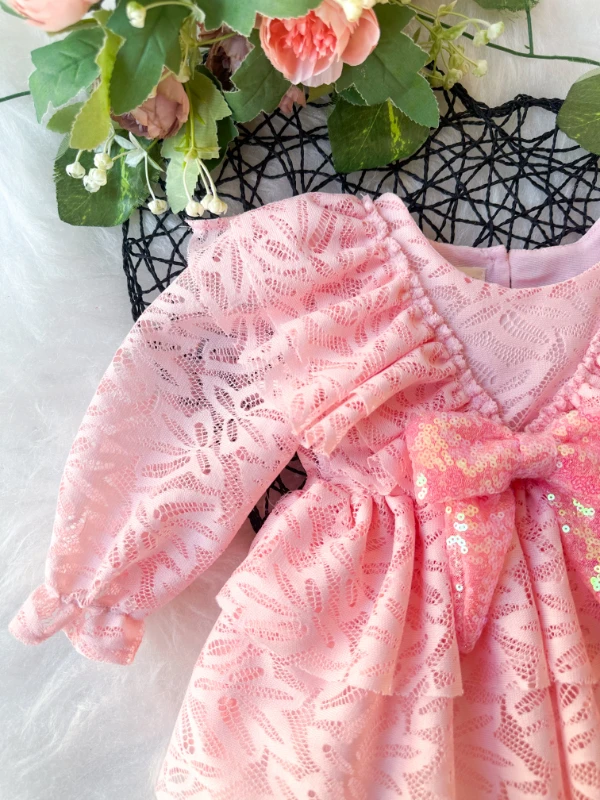 LOLA Kız Bebek Pembe Dantel Detaylı Uzun Kollu Özel Gün Bayramlık Abiye Elbise - PUDRA