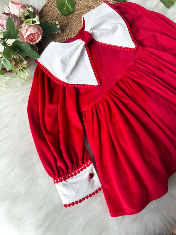 PATRICIA Kırmızı Kadife Beyaz Yakalı Uzun Kollu Özel Gün Bayramlık Kız Çocuk Elbise - KIRMIZI