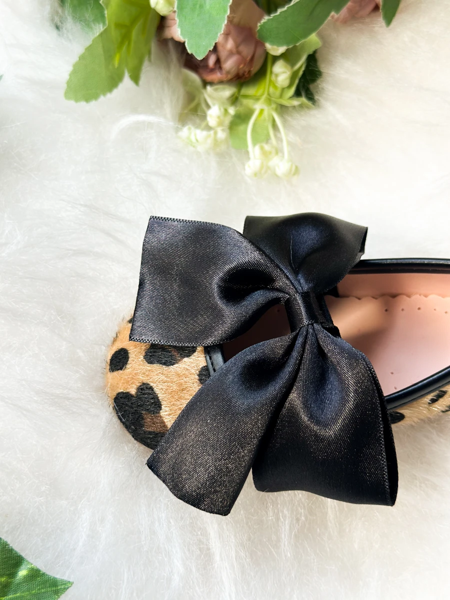 Saten Fiyonklu Leopar Desenli Kız Çocuk Bebek Babet  - KAHVERENGİ