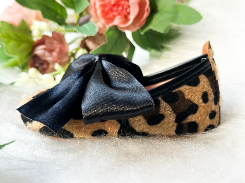 Saten Fiyonklu Leopar Desenli Kız Çocuk Bebek Babet  - KAHVERENGİ