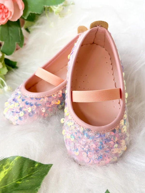 Pembe Payetli Kız Çocuk Bebek Babet  - PEMBE