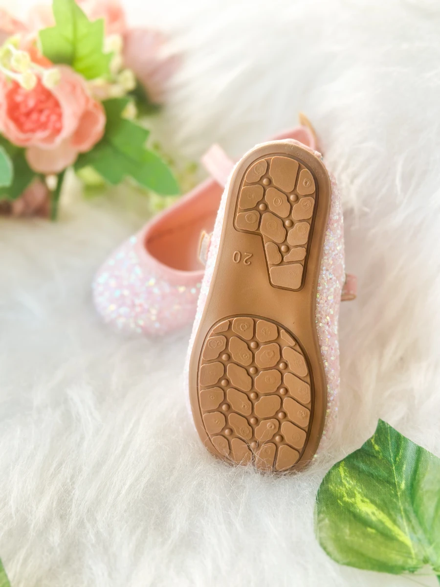 Pembe Taşlı Simli Kız Çocuk Bebek Babet  - PEMBE