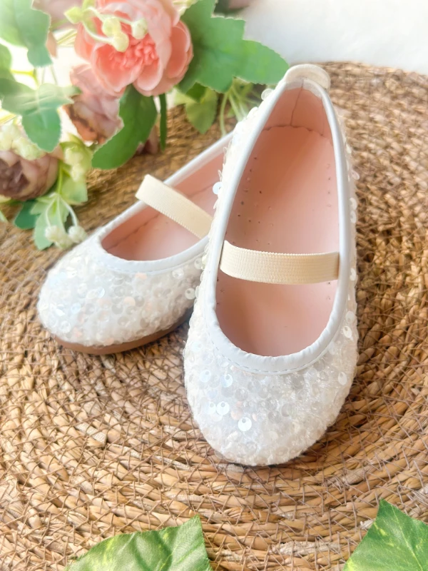 Beyaz Payetli Kız Çocuk Bebek Babet - BEYAZ