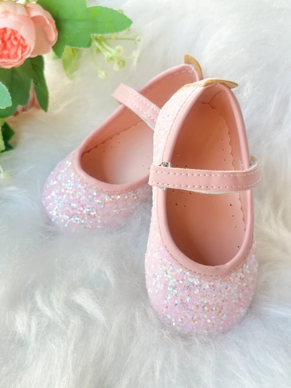 Pembe Taşlı Simli Kız Çocuk Bebek Babet  - PEMBE