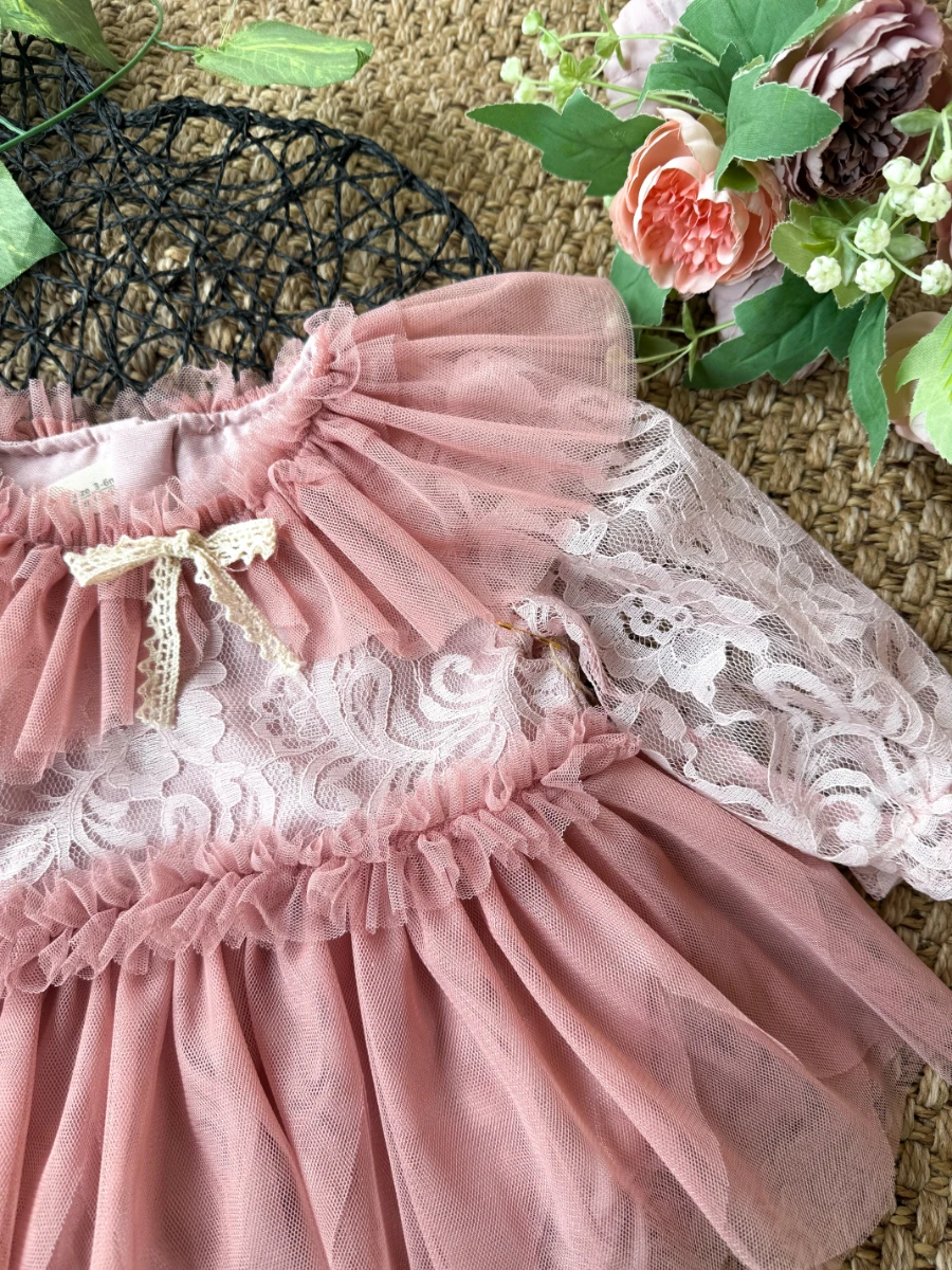 CORA Romper Tütülü Özel Gün  Uzun Kollu Kız Bebek Elbise  - ROSE