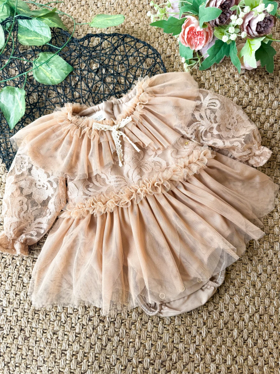 CORA Romper Tütülü Özel Gün  Uzun Kollu Kız Bebek Elbise  - BEJ