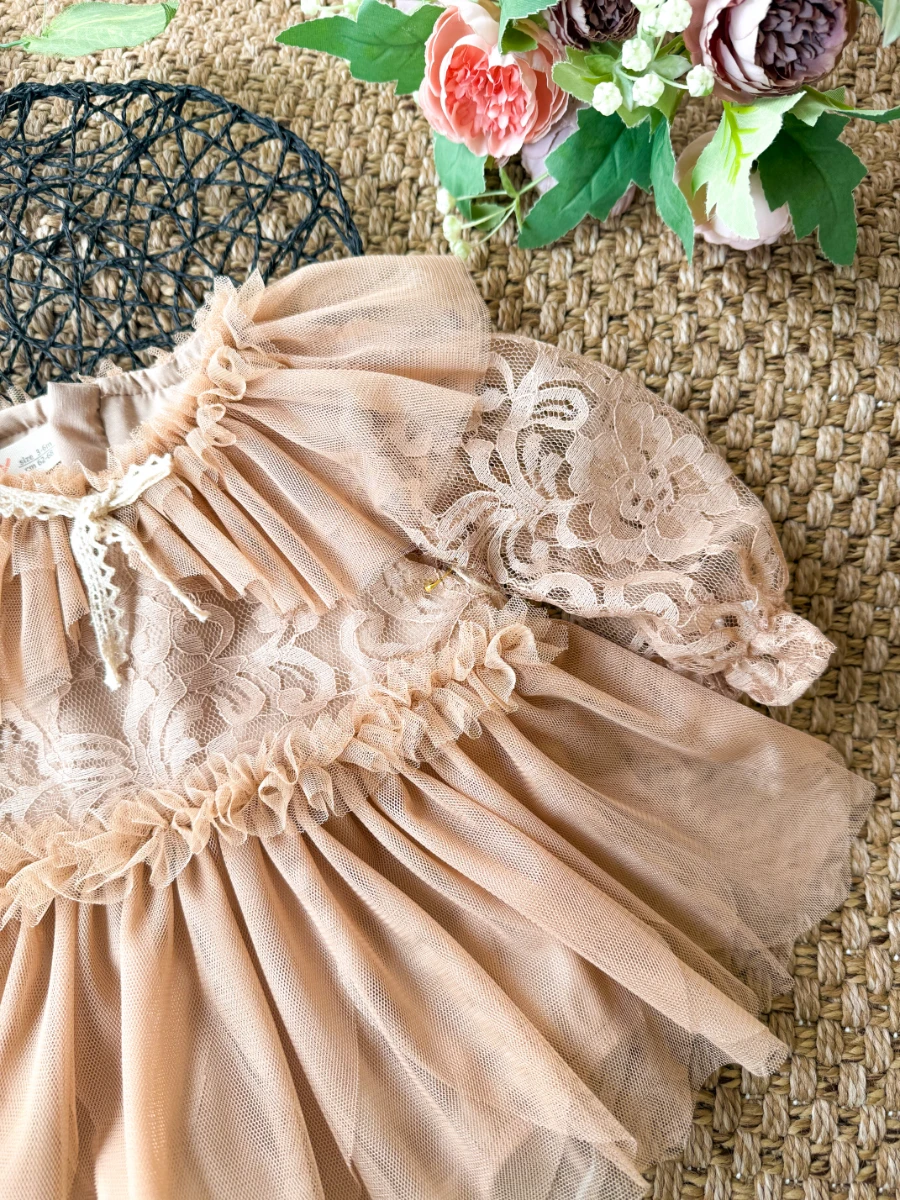 CORA Romper Tütülü Özel Gün  Uzun Kollu Kız Bebek Elbise  - BEJ