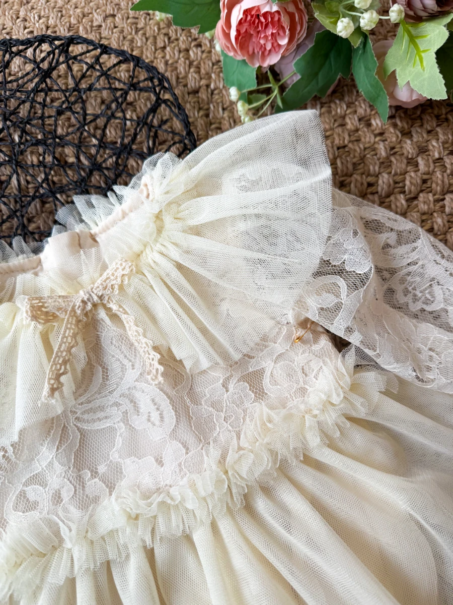 CORA Romper Tütülü Özel Gün  Uzun Kollu Kız Bebek Elbise  - EKRU