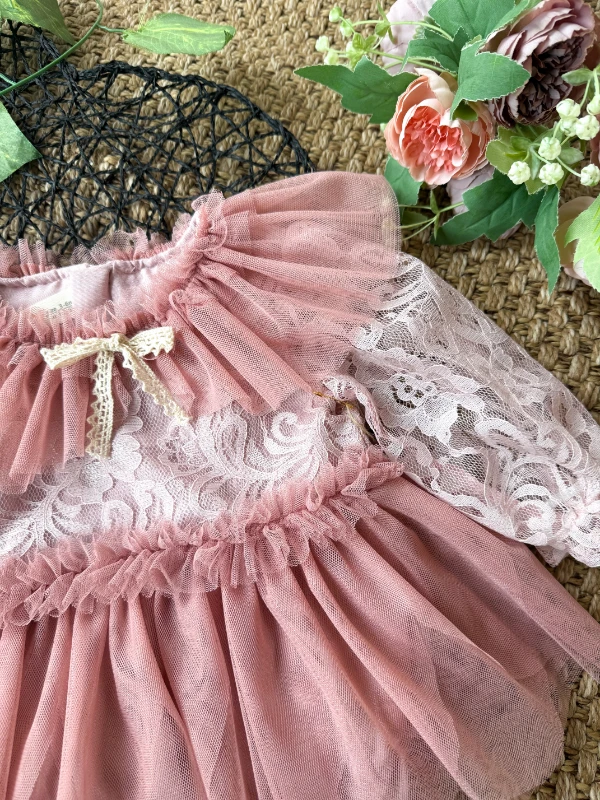 CORA Romper Tütülü Özel Gün  Uzun Kollu Kız Bebek Elbise  - ROSE