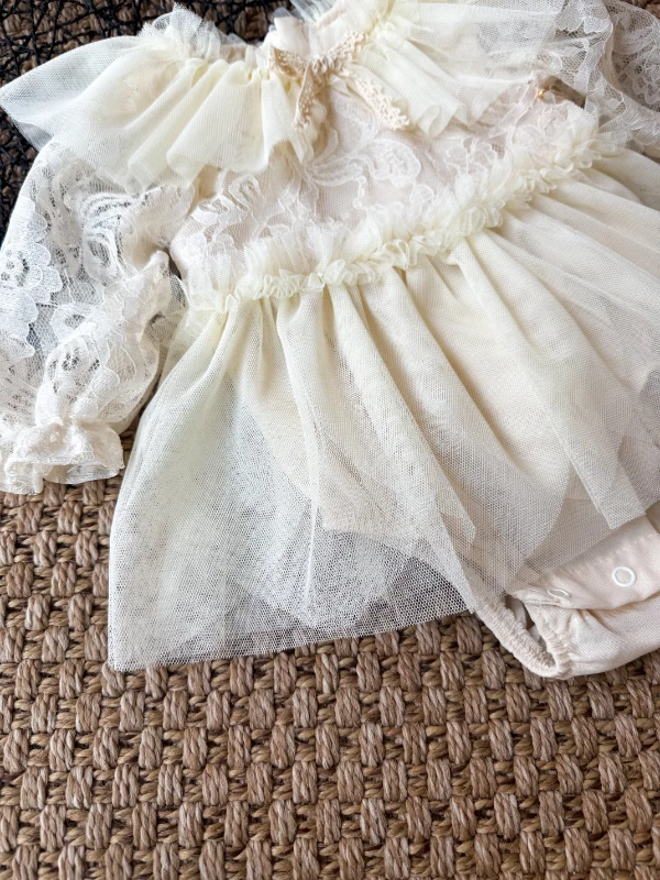 CORA Romper Tütülü Özel Gün  Uzun Kollu Kız Bebek Elbise  - EKRU