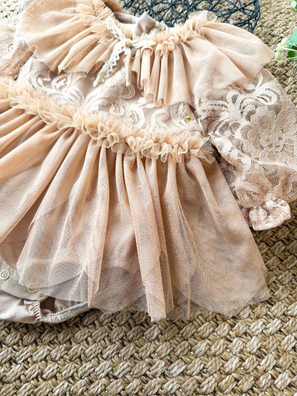CORA Romper Tütülü Özel Gün  Uzun Kollu Kız Bebek Elbise  - BEJ