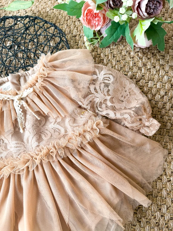CORA Romper Tütülü Özel Gün  Uzun Kollu Kız Bebek Elbise  - BEJ