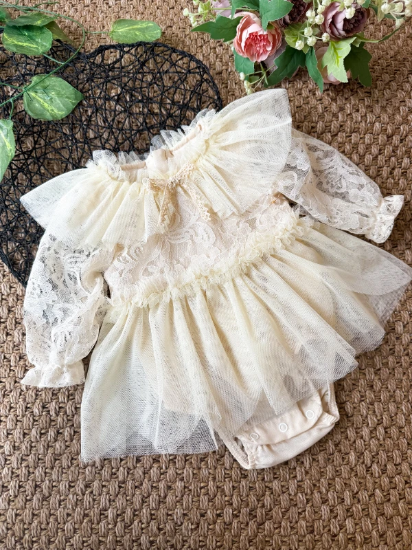 CORA Romper Tütülü Özel Gün  Uzun Kollu Kız Bebek Elbise  - EKRU