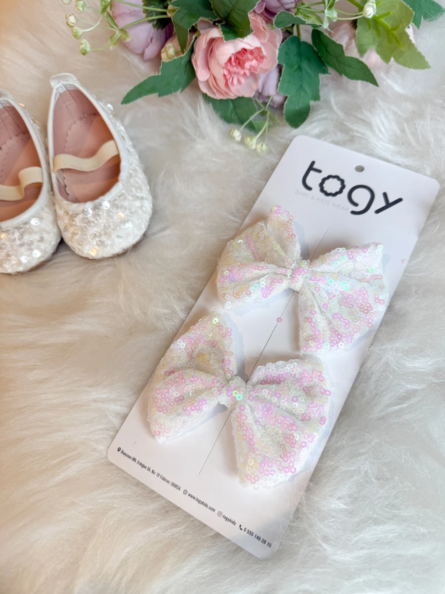 Beyaz Pul Payet Fiyonk Kız Çocuk Bebek 2'li Toka  - BEYAZ